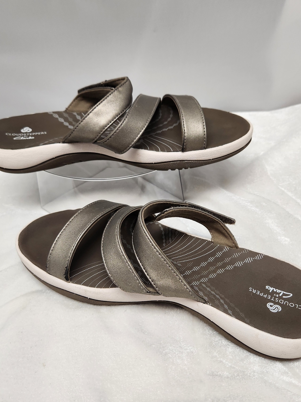 Cloudsteppers by Clarks Metallic Pewter Triple-Strap Slide Sandals